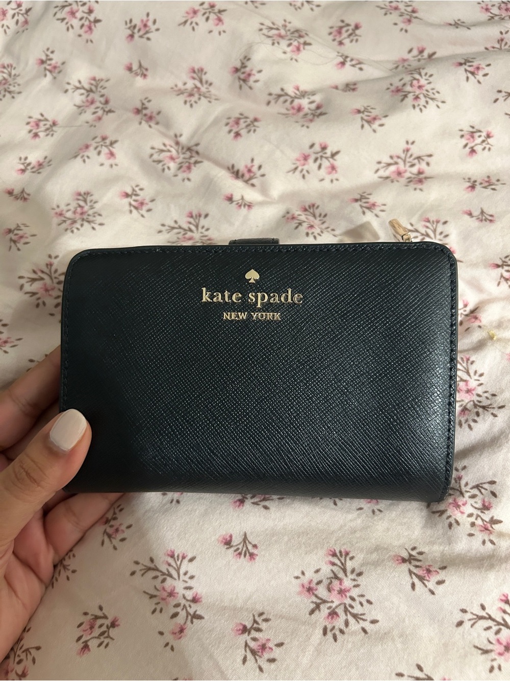 kate spade Black Zip-Around Saffiano Wallet with Gold Logo